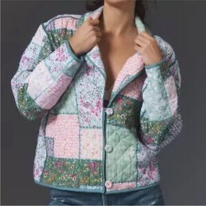 Anthropologie Conditions Apply Printed Quilted Patchwork Jacket Green Blue Large